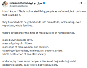 Screenshot of a Susan Abulhawa Holocaust denial