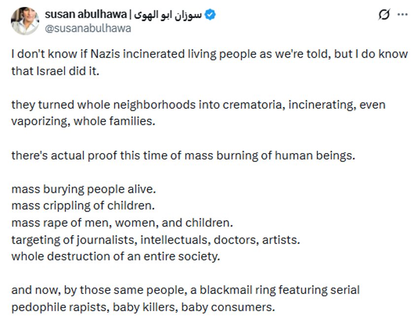 Screenshot of a Susan Abulhawa Holocaust denial