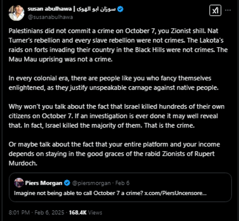 A screenshot showing Susan Abulhawa justifying October 7