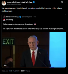 Screenshot of an antisemitic post by Susan Abulhawa