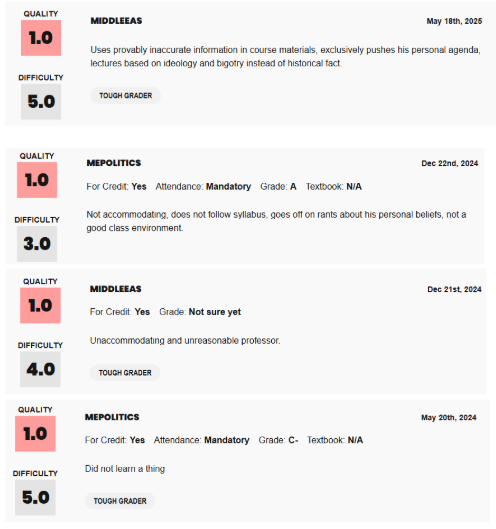Screenshot showing negative ratings of Joseph Massad at Columbia from Rate My Professors