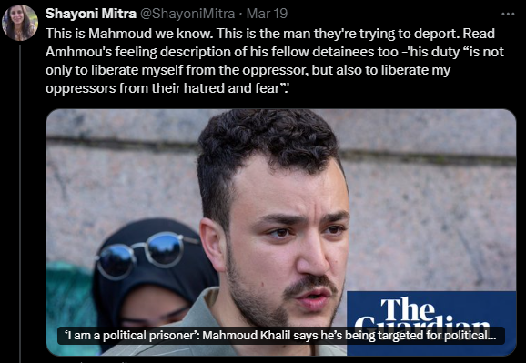 Image of a post by Shayoni Mitra about Mahmoud Khalil