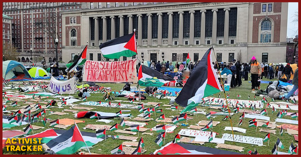 Photo of the 2024 Columbia University Gaza Solidarity Encampment showing tents, protest signs, and Palestinian flags on campus. Represents the environment Jewish students reported as hostile during the antisemitism crisis and the faculty support that fueled unrest.