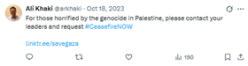 Screenshot showing an anti-Israel post by Ali Raza Khaki