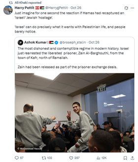 Screenshot showing a repost by Ali Raza Khaki of anti-Israel content