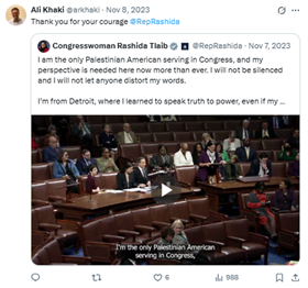 Screenshot showing Ali Raza Khaki supporting Rashida Tlaib