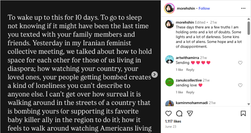 Screenshot of a post by Morehshin Allahyari about Zionism