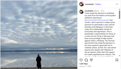 Screenshot of a post by Morehshin Allahyari about Palestine