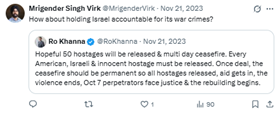 Image of an anti-Israel post by Mrigender Singh Virk