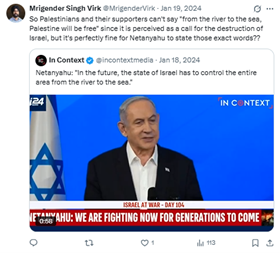 Screenshot of an anti-Israel post made by Mrigender Singh Virk