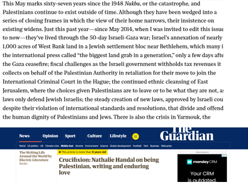 Image of text written by Nathalie Handal on Israel and Palestine