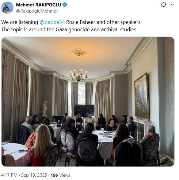 Screenshot of a post showing Rosie Bsheer presenting on Gaza at a round table