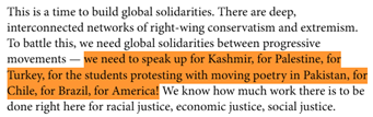 Screenshot of text showing Usha Iyer's support for Palestine