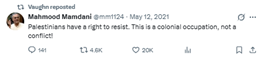 Screenshot of an anti-Israel re-post by Vaughn Rasberry