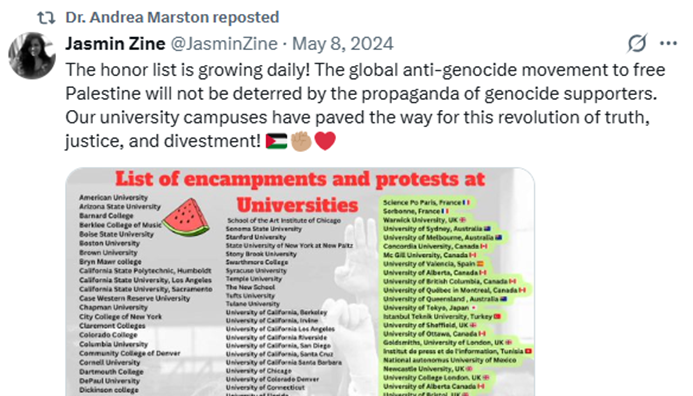 Image of an anti-Israel post by Andrea Marston