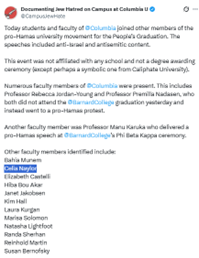 Image of Celia Naylor's name on a list of pro-Hamas university faculty