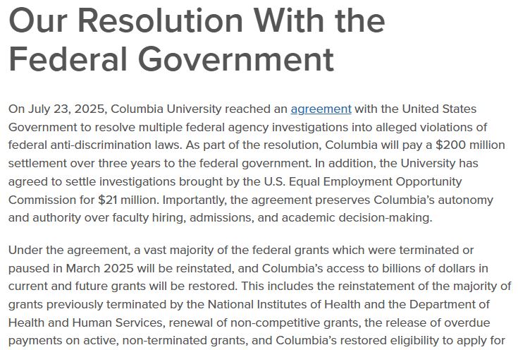 Image showing text of Columbia University's federal settlement on antisemitism