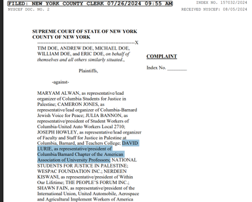 Image of David Lurie being named in a class action lawsuit by Jewish Columbia students