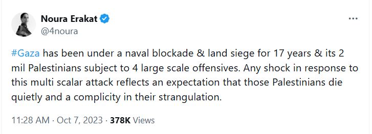 Screenshot of a post made by Noura Erakat defending October 7