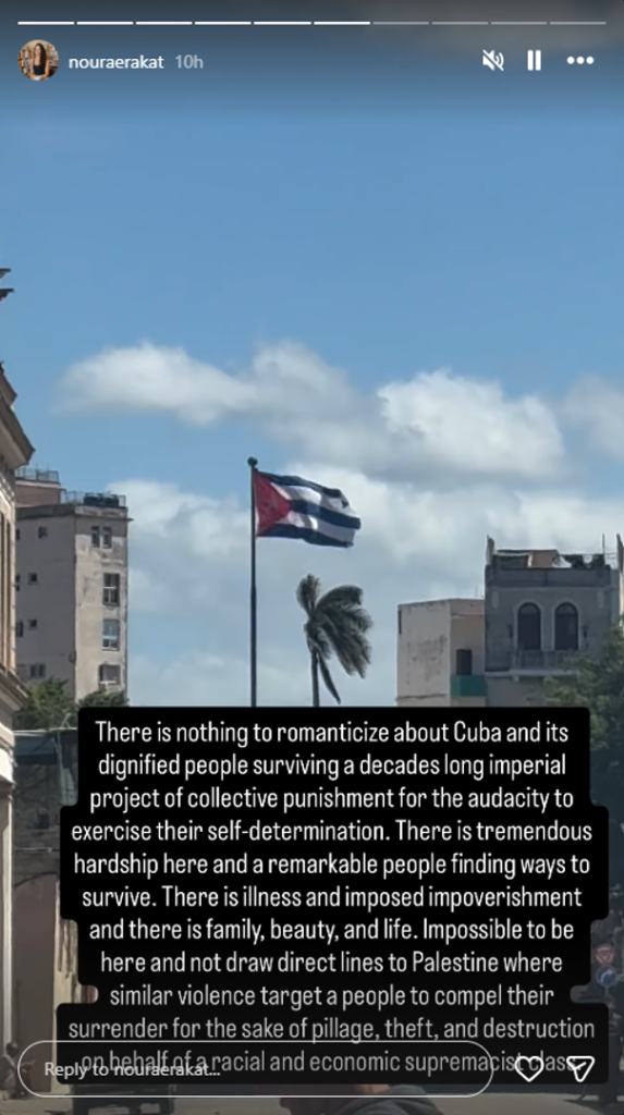 Image of a post by Noura Erakat describing a trip to Cuba with Codepink