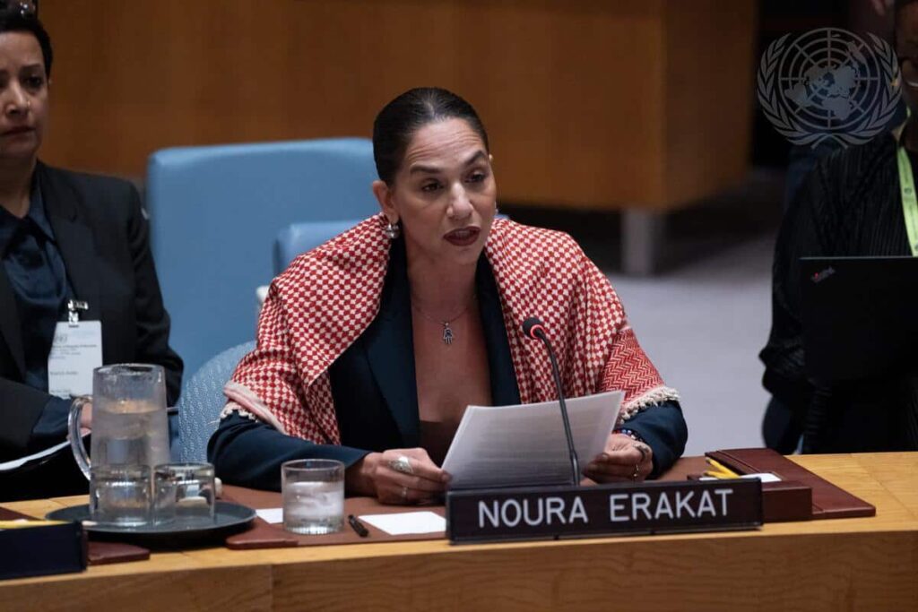 Image of Noura Erakat delivering a speech to the UN