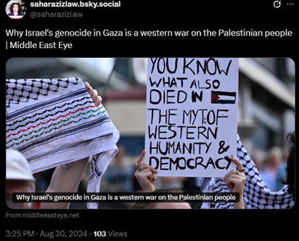 Image of an antisemitic post of Joseph Massad shared by Sahar Aziz