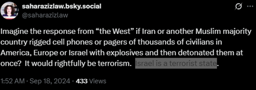 Image of an anti-Israel post by Sahar Aziz