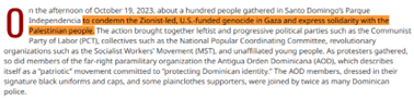 Text of an anti-Israel article written by Sandy Placido 