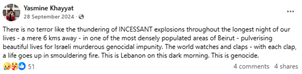 Image of an anti-Israel post by Yasmine Khayyat
