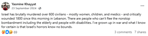 Image of an anti-Israel post by Tasmine Khayyat