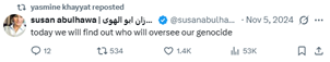 Image showing Yasmine Khayyat reposting Susan Abulhawa