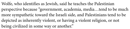 Image of text describing Mikael Wolfe's teaching the Palestinian perspective