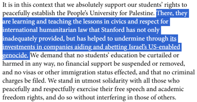 Image of text describing support for students protesting for Palestine 