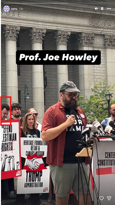 Image of Joseph Howley speaking for Mahmoud Khalil
