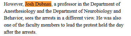 Image of text describing Josh Dubnau arrest