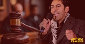 Image of Mohsen Mahdawi with a court gavel