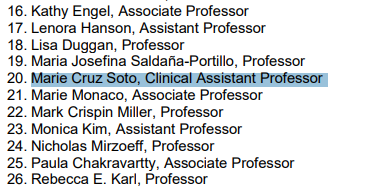 Marie Cruz Soto signature on NYU BDS resolution